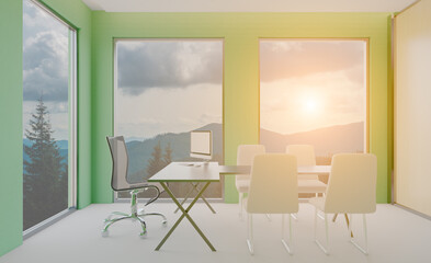 Elegant office interior. Mixed media. 3D rendering.. Sunset.