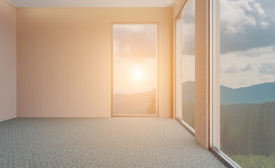 Front view of an office interior with a row of dark wood tables. 3D rendering.. Sunset.