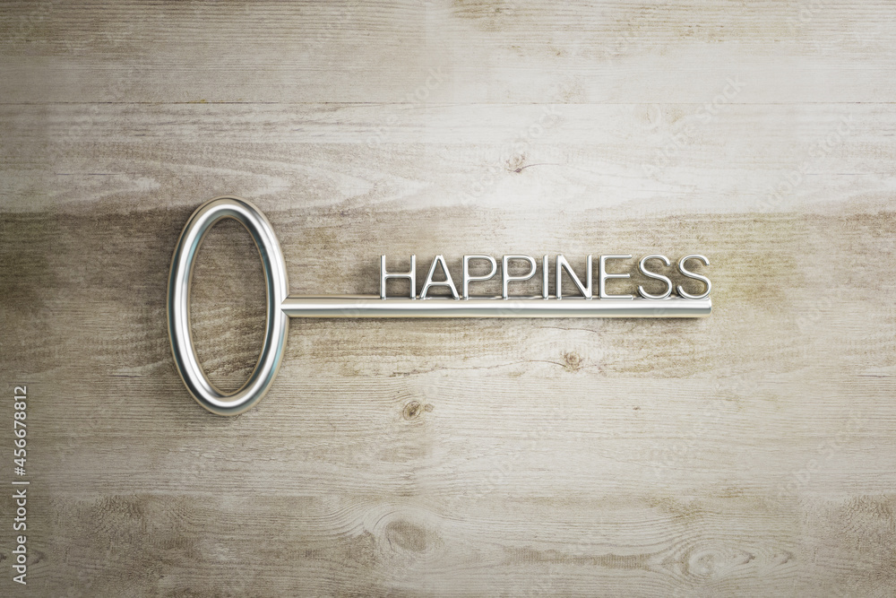 Poster close up of golden key to happiness on wooden background. creative concept. 3d rendering.