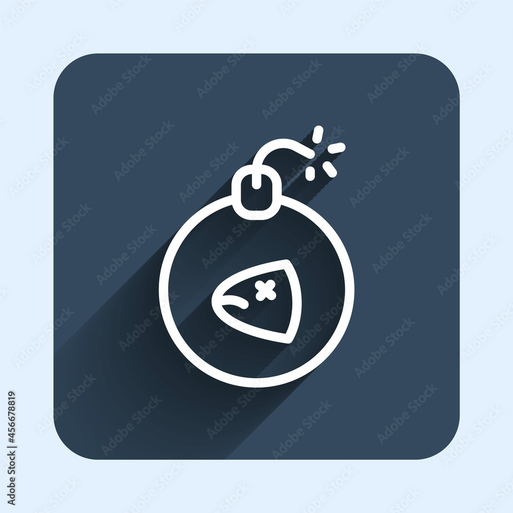 Poster white line bomb ready to explode icon isolated with long shadow background. blue square button. vect