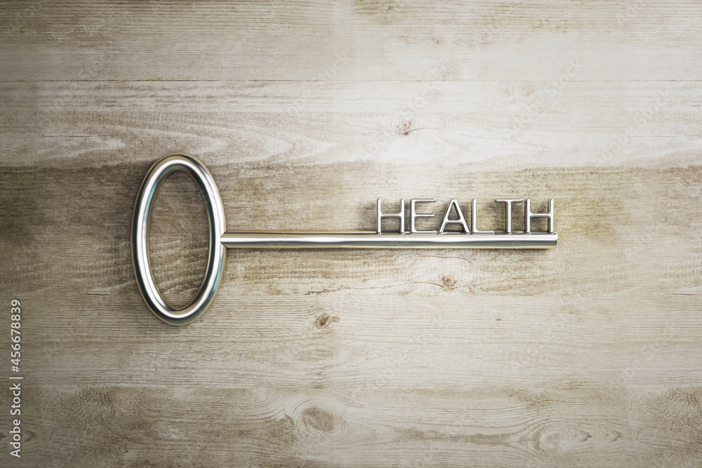 Poster close up of golden key to health on wooden background. creative concept. 3d rendering.