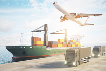 Contemporary airplane, ship and trucks with cargo in sunlight. Delivery, storage and logistics concept. 3D Rendering.