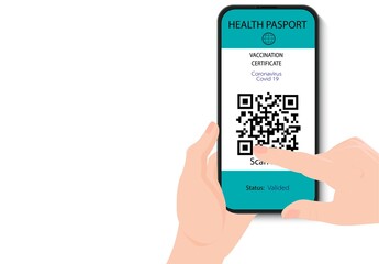 Vaccination passport. Hands hold a mobile phone on the screen of which there is a Qr-code. Health certificate. Document on immunization and immunity from covid-19. Smartphone application. Vector.