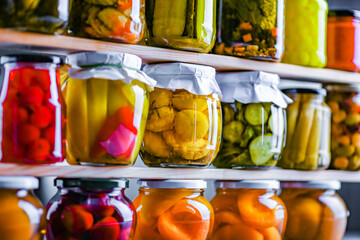 Jars with variety of marinated vegetables and fruits