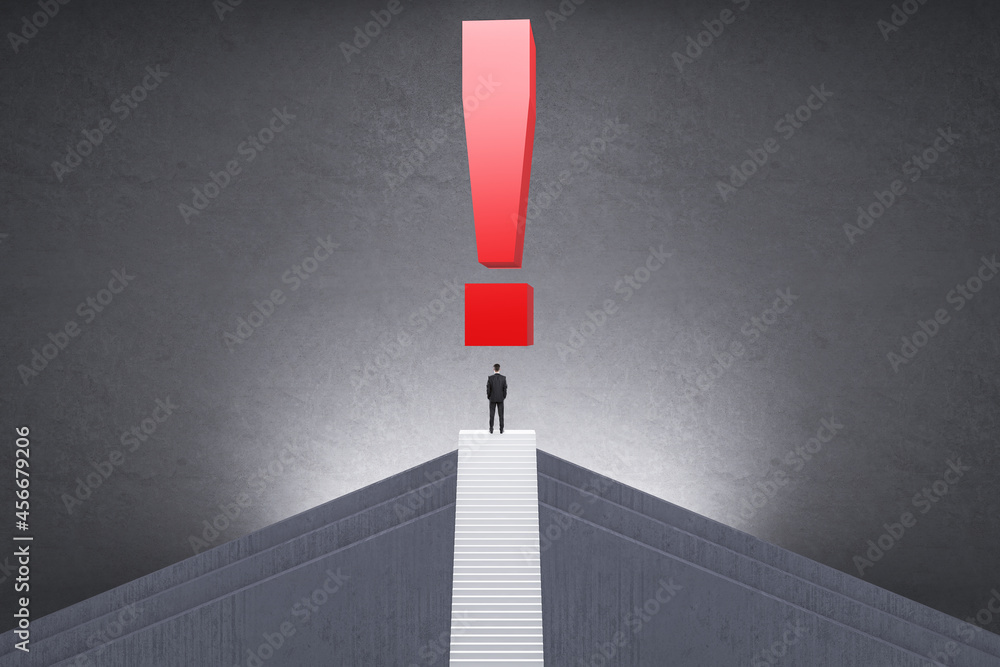 Poster back view of businessman on top of stairs with red exclamation mark on concrete background. future, 