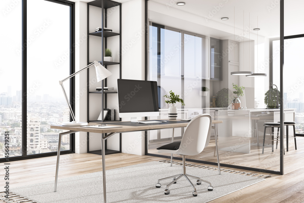 Poster Empty computer monitor in creative modern daylight office studio interior with glass partition and window with city view, wooden flooring. Workplace and architecture concept. Mock up, 3D Rendering.