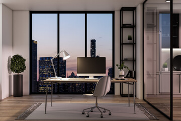 Empty computer monitor in creative modern nighttime office studio interior with glass partition and window with city view, wooden flooring. Workplace and architecture concept. Mock up, 3D Rendering.