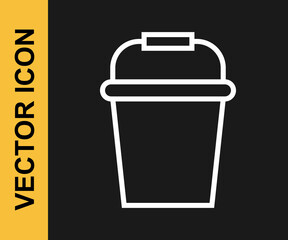 White line Fishing bucket icon isolated on black background. Fish in a bucket. Vector