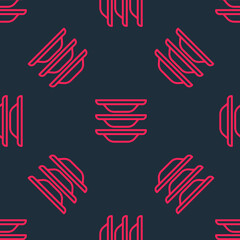 Obraz premium Red line Washing dishes icon isolated seamless pattern on black background. Cleaning dishes icon. Dishwasher sign. Clean tableware sign. Vector