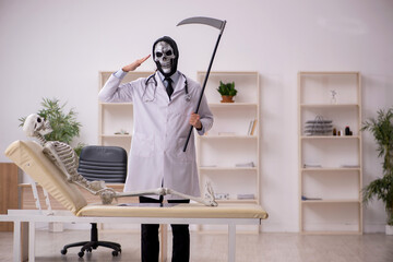 Reaper grim doctor examining skeleton patient
