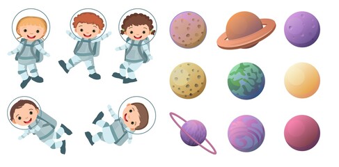 Set of space objects. Planets and astronauts children. Isolated on white background. Cartoon style. Flat design. Vector