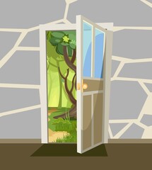 Opened door. From inside of room at home. Summer forest landscape view. stone wall. Way is open. Cartoon cute fairy tale design. Image background. Vector