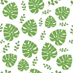Naklejka premium Green leaves of monstera and twigs on a white background for wallpaper for the home, pattern, texture, background, advertisement, decor, poster. illustration of green leaves