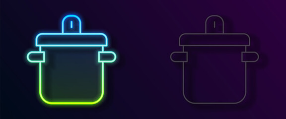 Glowing neon line Cooking pot icon isolated on black background. Boil or stew food symbol. Vector