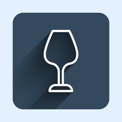 White line Wine glass icon isolated with long shadow background. Wineglass sign. Blue square button. Vector