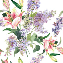 Pink lilyes and lilac flowers branches watercolor on white background seamless pattern for all prints.