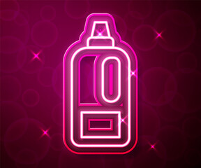 Glowing neon line Plastic bottle for laundry detergent, bleach, dishwashing liquid or another cleaning agent icon isolated on red background. Vector