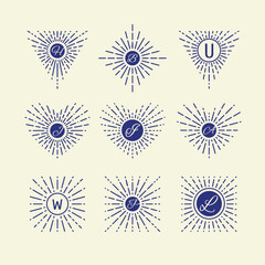 Set of Vintage Sunbursts in Different Shapes. Trendy Hand Drawn Retro Bursting Rays Design Elements. Hipster Vector illustration