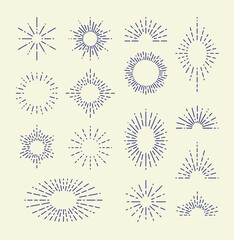 Set of Vintage Sunbursts in Different Shapes. Trendy Hand Drawn Retro Bursting Rays Design Elements. Hipster Vector illustration