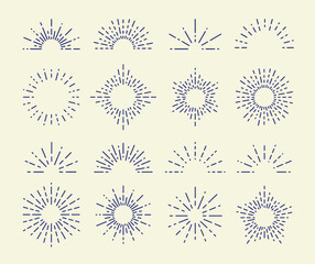 Set of Vintage Sunbursts in Different Shapes. Trendy Hand Drawn Retro Bursting Rays Design Elements. Hipster Vector illustration