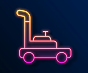 Glowing neon line Lawn mower icon isolated on black background. Lawn mower cutting grass. Vector