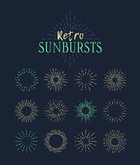 Set of Vintage Sunbursts in Different Shapes. Trendy Hand Drawn Retro Bursting Rays Design Elements. Hipster Vector illustration 