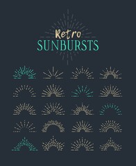 Set of Vintage Sunbursts in Different Shapes. Trendy Hand Drawn Retro Bursting Rays Design Elements. Hipster Vector illustration 