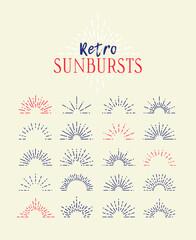 Obraz premium Set of Vintage Sunbursts in Different Shapes. Trendy Hand Drawn Retro Bursting Rays Design Elements. Hipster Vector illustration