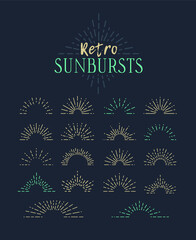 Set of Vintage Sunbursts in Different Shapes. Trendy Hand Drawn Retro Bursting Rays Design Elements. Hipster Vector illustration 
