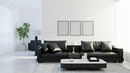 blank frames mock up in modern living room interior with black leather sofa, white empty wall, scandinavian style, 3d rendering