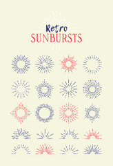 Set of Vintage Sunbursts in Different Shapes. Trendy Hand Drawn Retro Bursting Rays Design Elements. Hipster Vector illustration