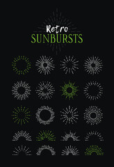 Set of Vintage Sunbursts in Different Shapes. Trendy Hand Drawn Retro Bursting Rays Design Elements. Hipster Vector illustration 