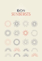 Set of Vintage Sunbursts in Different Shapes. Trendy Hand Drawn Retro Bursting Rays Design Elements. Hipster Vector illustration