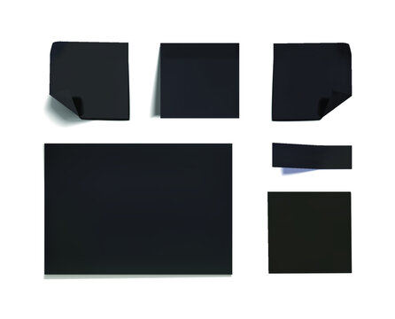 Vector set of black papers isolated on white background, black sketchbook paper, creative design elements, black sketchbook paper pieces.