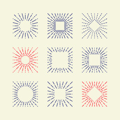 Set of Vintage Sunbursts in Different Shapes. Trendy Hand Drawn Retro Bursting Rays Design Elements. Hipster Vector illustration