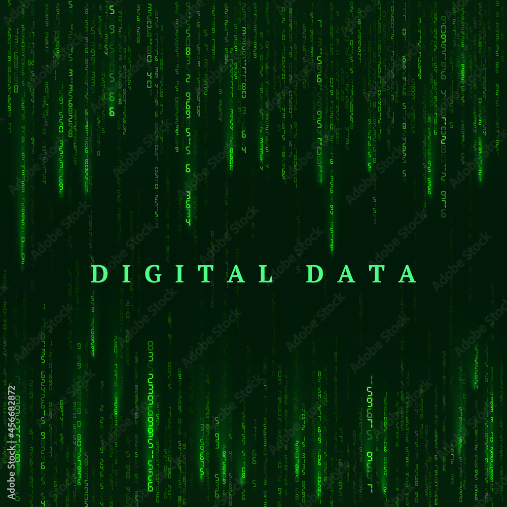Poster Background in a matrix style. Digital virtual reality visualization. Green random numbers. Sci fi or futuristic backdrop. Encoded data. Vector