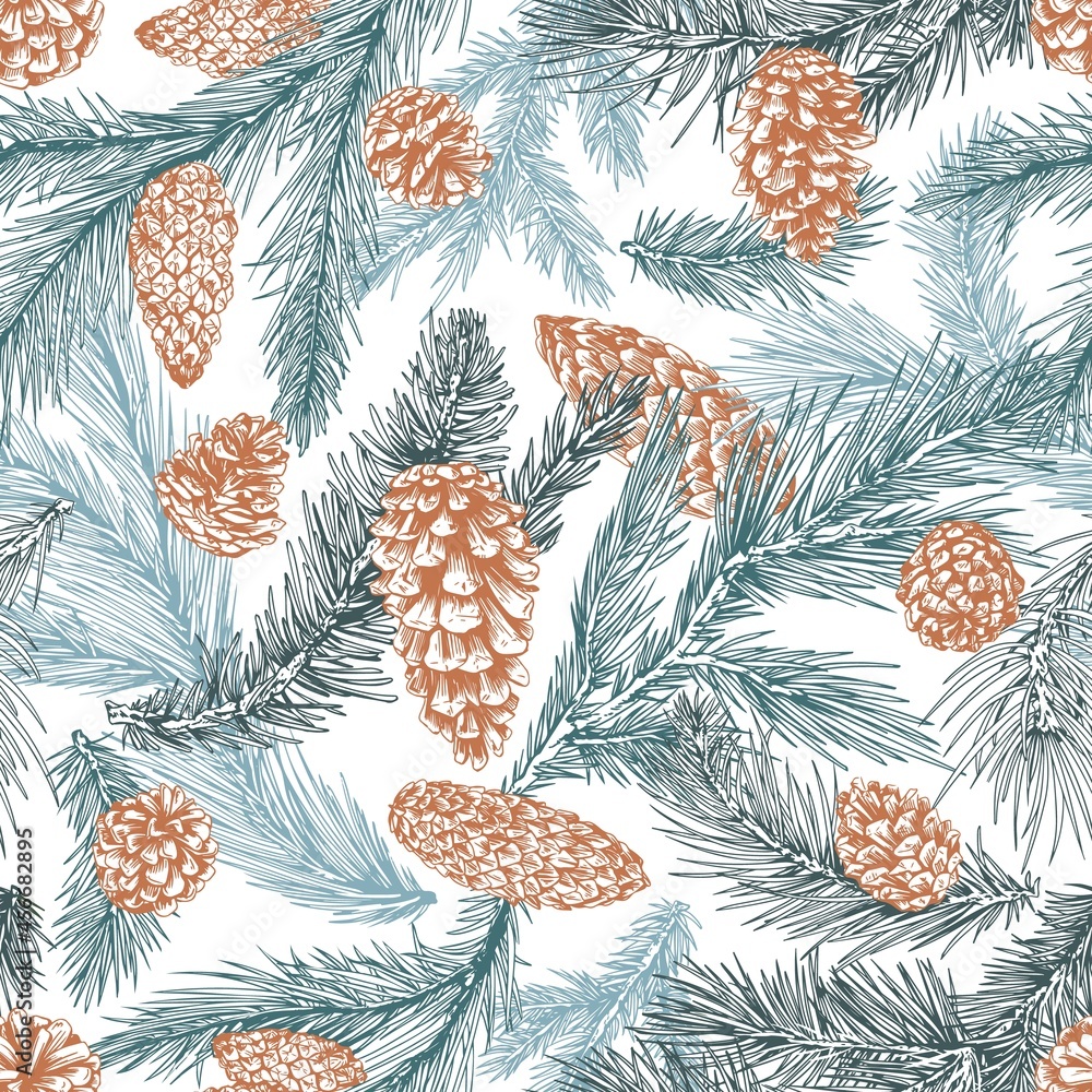 Poster Seamless pattern with Christmas fir tree branches. Repeating botanical background with coniferous needles, pine and spruce cones. Vintage detailed winter texture. Hand-drawn vector illustration