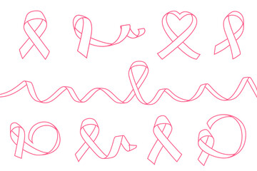 Big set of pink ribbons isolated over white background. Symbol of breast cancer awareness month in october. Vector illustration.