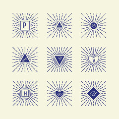 Set of Vintage Sunbursts in Different Shapes. Trendy Hand Drawn Retro Bursting Rays Design Elements. Hipster Vector illustration