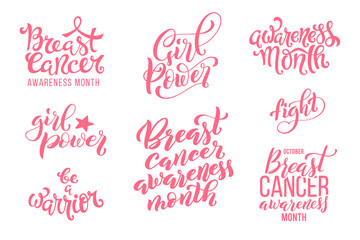 Big set of lettering for t-shirts, posters and wall art. Feminist sign handwritten, girl power, fight, be a warrior. Template tagline for breast cancer awareness month in october. Vector illustration.