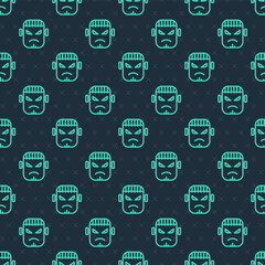 Green line Scary monster - Frankenstein face icon isolated seamless pattern on blue background. Happy Halloween party. Vector