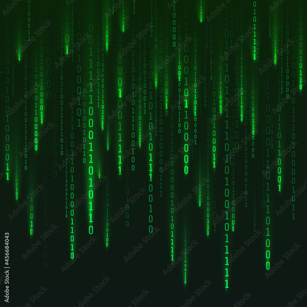 Poster Numbers matrix generated. Digital virtual reality visualization. Green random numbers. Sci fi or futuristic backdrop. Encoded data. Vector