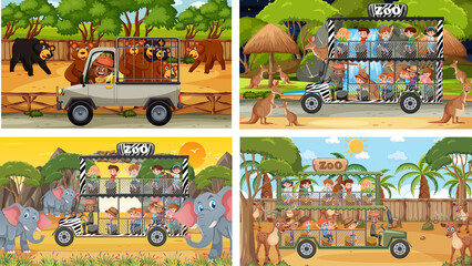 Set of different animals in safari scenes with kids