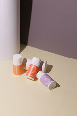 Skincare routine 1 2 3 step for healthy skin - serum, lotion or eye cream packaging. Beauty and cosmetic concept. Copy space.