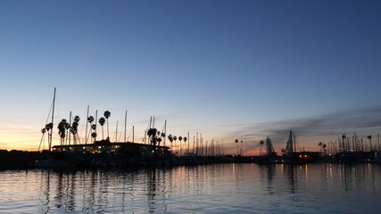 Fototapeta premium Luxury yachts sailboats floating, marina harbour quay. Sail boat masts, nautical vessels in port. Harbor fisherman village in Oceanside, California USA. Evening dusk, twilight lights and palm trees.