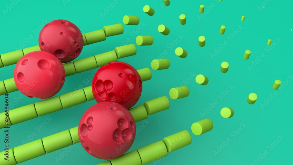 Poster abstract 3d animation of red spheres with dents. the spheres continuously move along the emerging gu