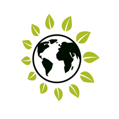 Planet earth with leaves around it simple vector logo or icon symbolizes environment protection and climate changing problem.