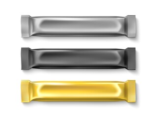 Candy stick packaging. Sugar products foil wrappers, golden, silver, black product, realistic blank sweet bars metallic mockup. Vector set