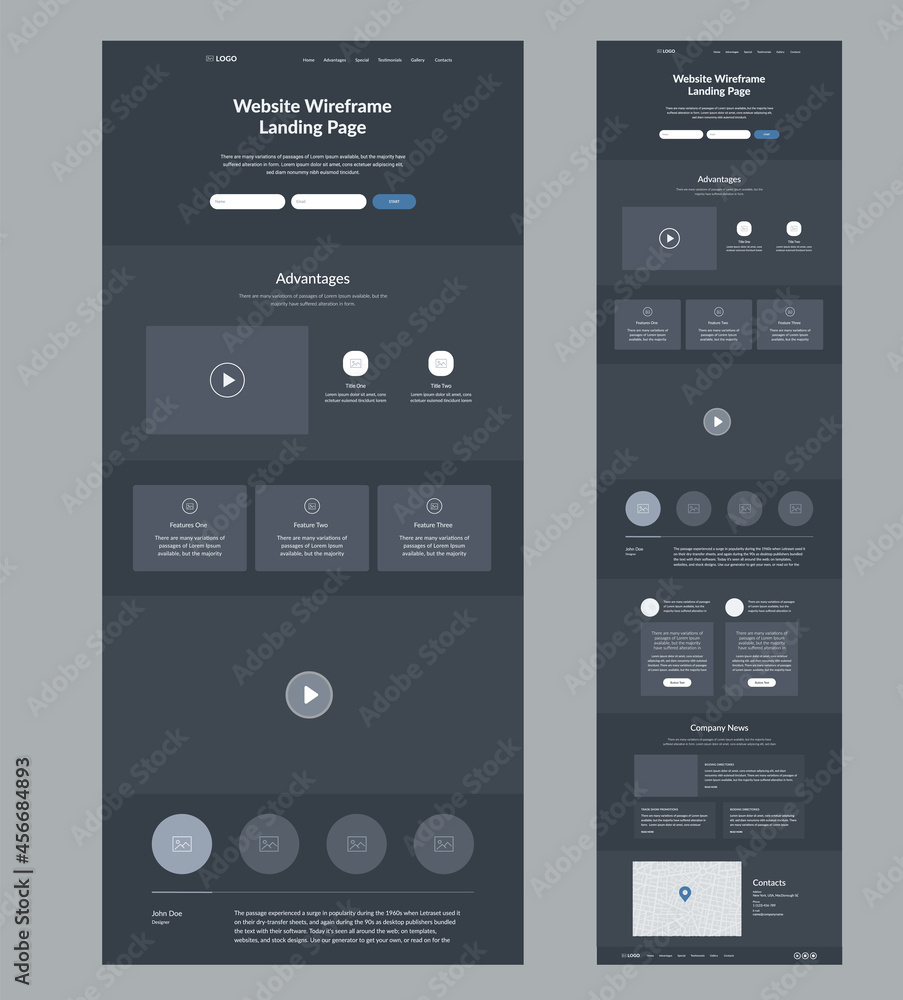 Aufkleber landing page design. dark site wireframe layout interface.
