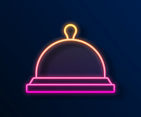 Glowing neon line Covered with a tray of food icon isolated on black background. Tray and lid sign. Restaurant cloche with lid. Vector